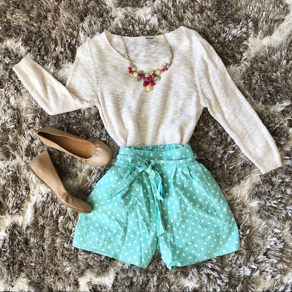 🌷Blue High-Waist Shorts with White Polka Dots